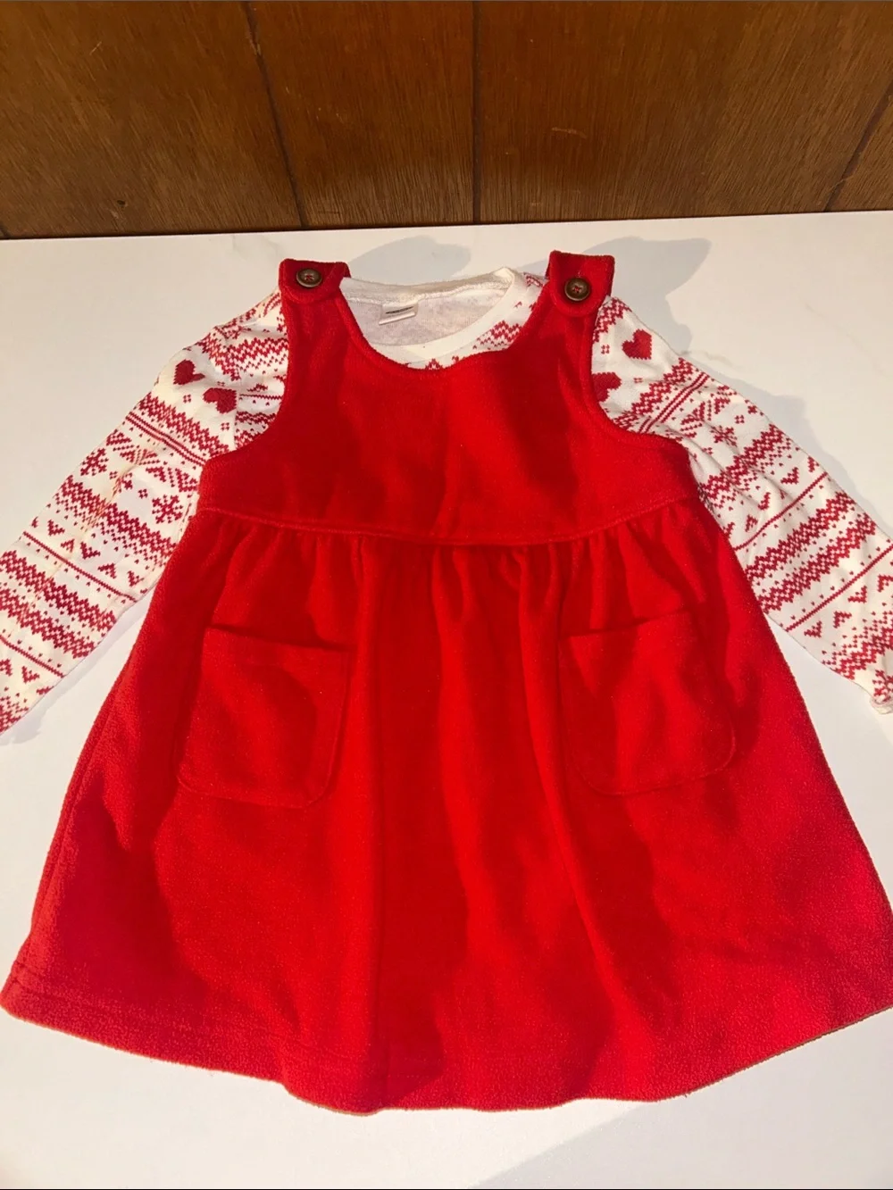 3/$25 Old Navy | Red Fleece Pinafore Dress with White & Red Knit Top